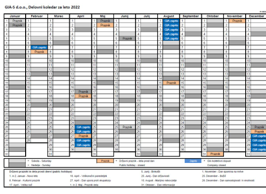 Objavljamo delovni koledar GIA-S za leto 2022